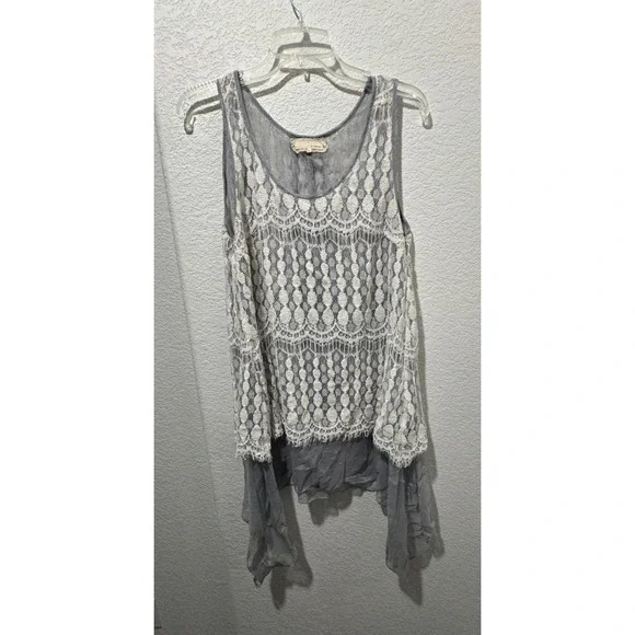 A'Reve Women's Tank Top Sz L Sliver White Sheer Lace Fairy Grunge BOHO - Picture 6 of 11